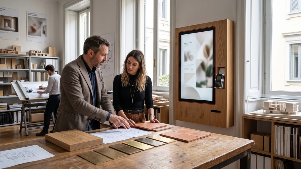 Studio di architettura: totem con rivestimento in rovere e campioni di materiali sul tavolo