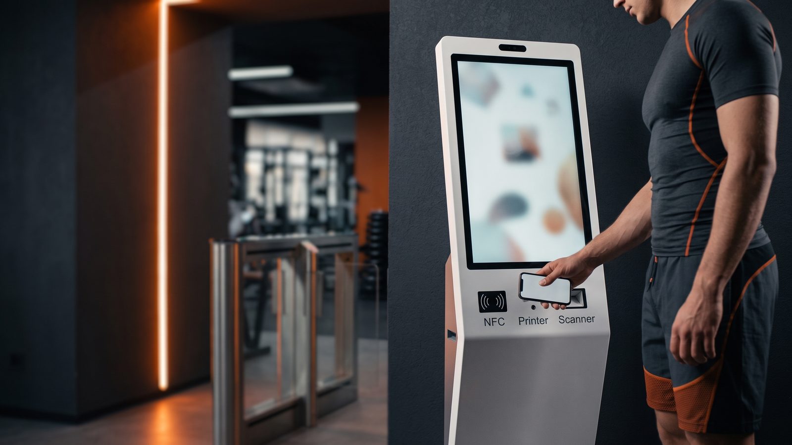Totem all'ingresso di una palestra aperta 24 ore: un atleta avvicina il telefono al lettore NFC