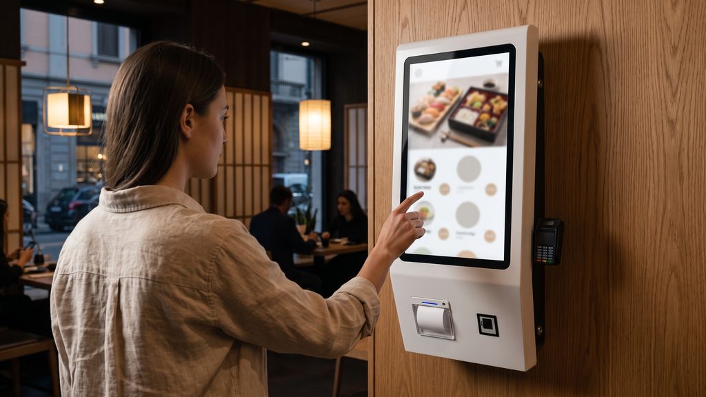 Totem touch a parete in un ristorante giapponese a Milano: una cliente ordina dallo schermo