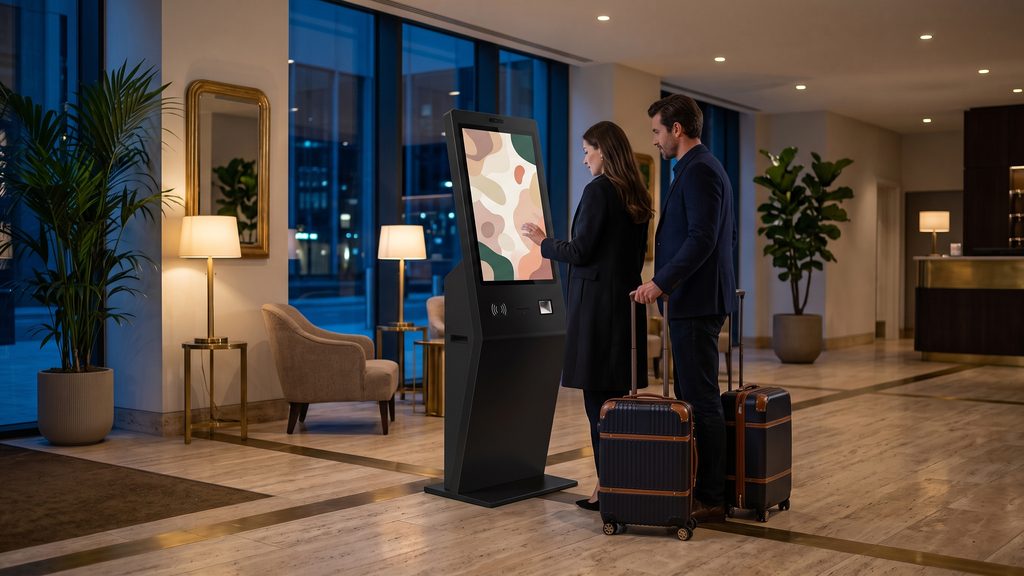 Totem a pavimento nella hall di un hotel: check-in notturno di una coppia con le valigie