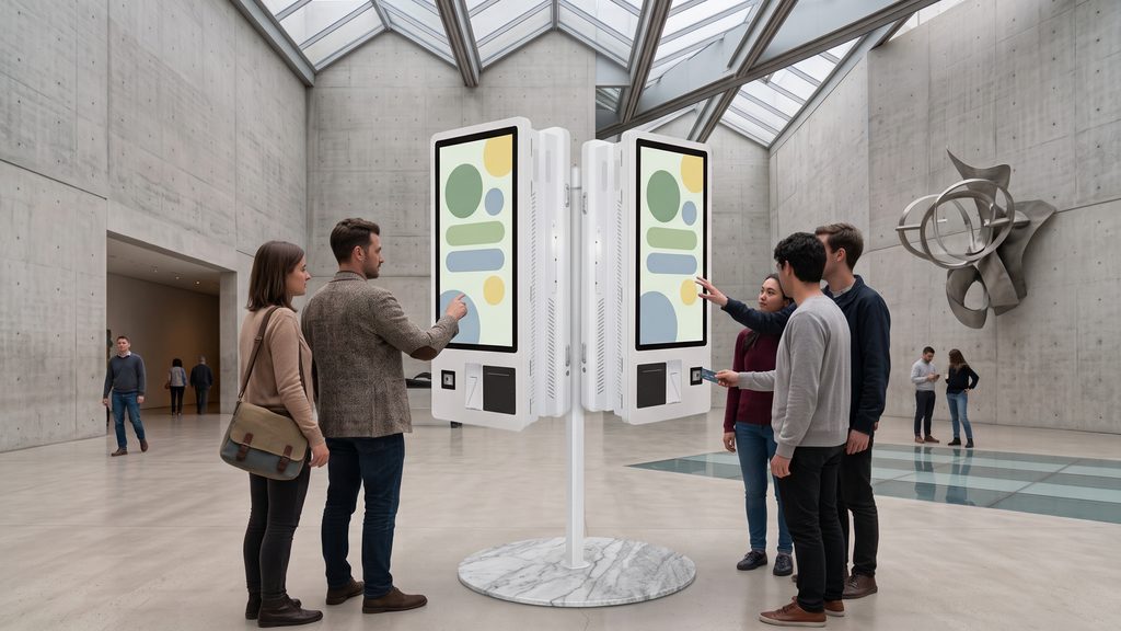 Totem bifacciale nell'atrio di un museo: visitatori comprano i biglietti