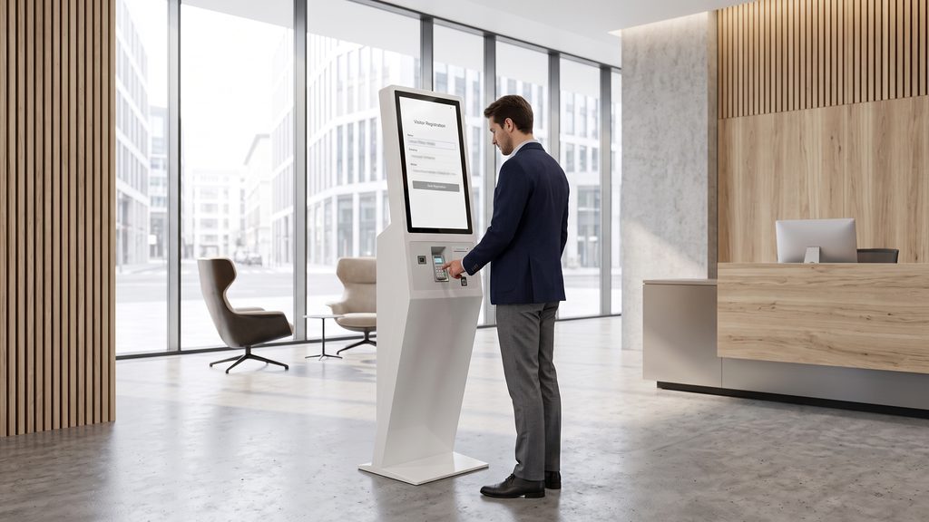 Totem a colonna nella reception di un'azienda: un visitatore si registra da solo