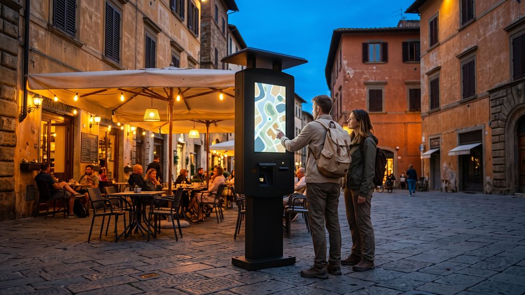 Totem da esterno in una piazza italiana al tramonto accanto a un dehors