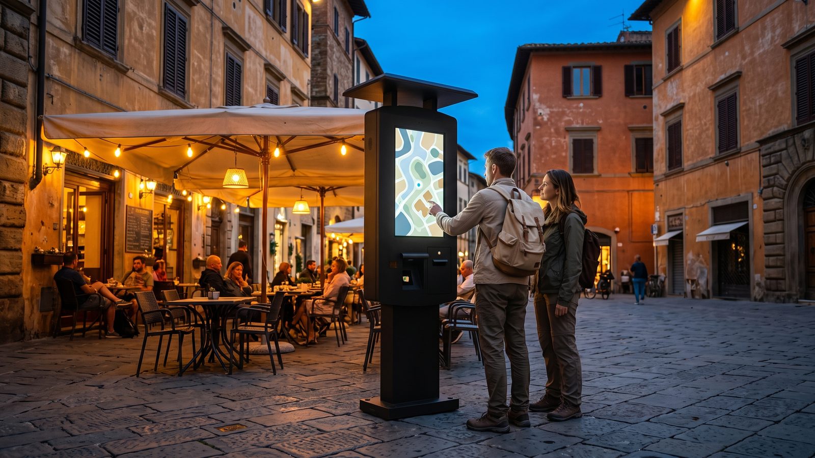 Totem da esterno in una piazza italiana al tramonto accanto a un dehors